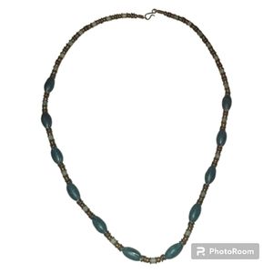 Vintage beaded heavy long turquoise and brass colored necklace
